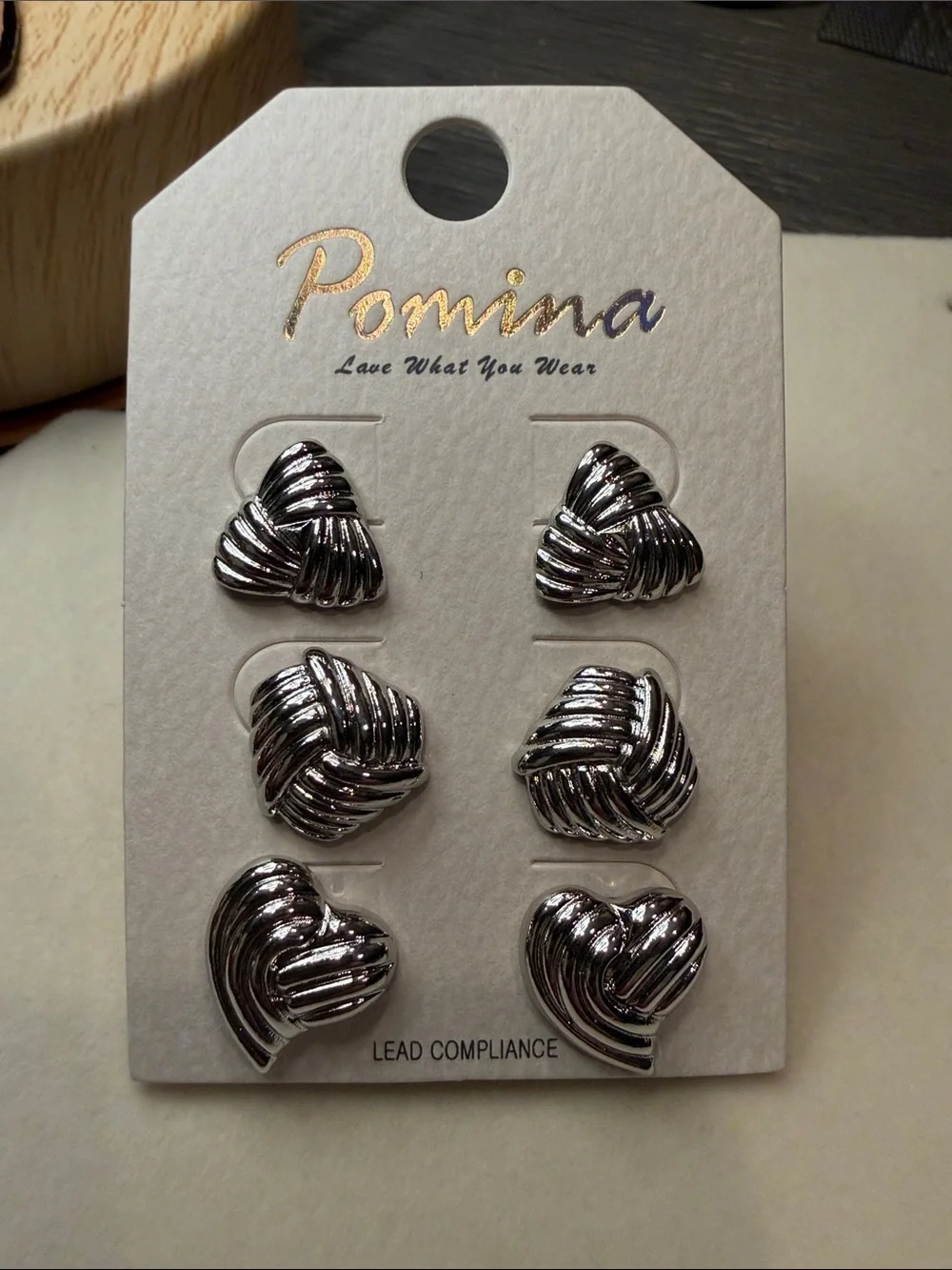 Pomina Silver-Tone 3-Pair Knot & Heart Earring Set